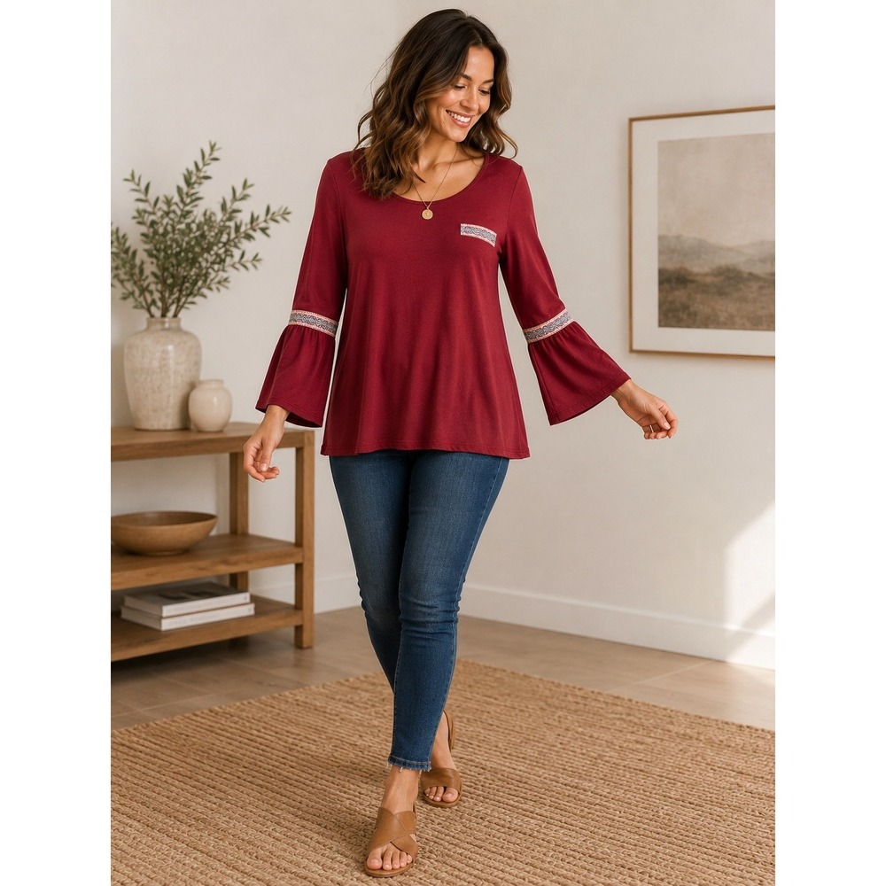 Pink Peony Burgundy Boho Bell Sleeve Embroidered Pocket Top Blouse Womens L